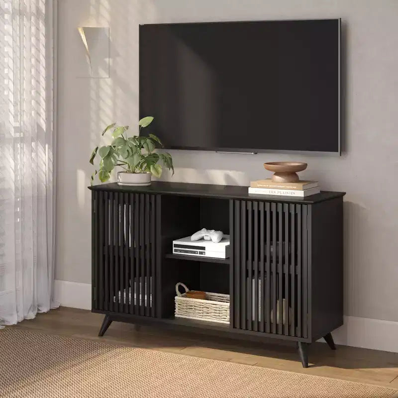 Buffet pin massif style Mid-Century avec 2 portes à ouverture par pression, meuble TV 49"