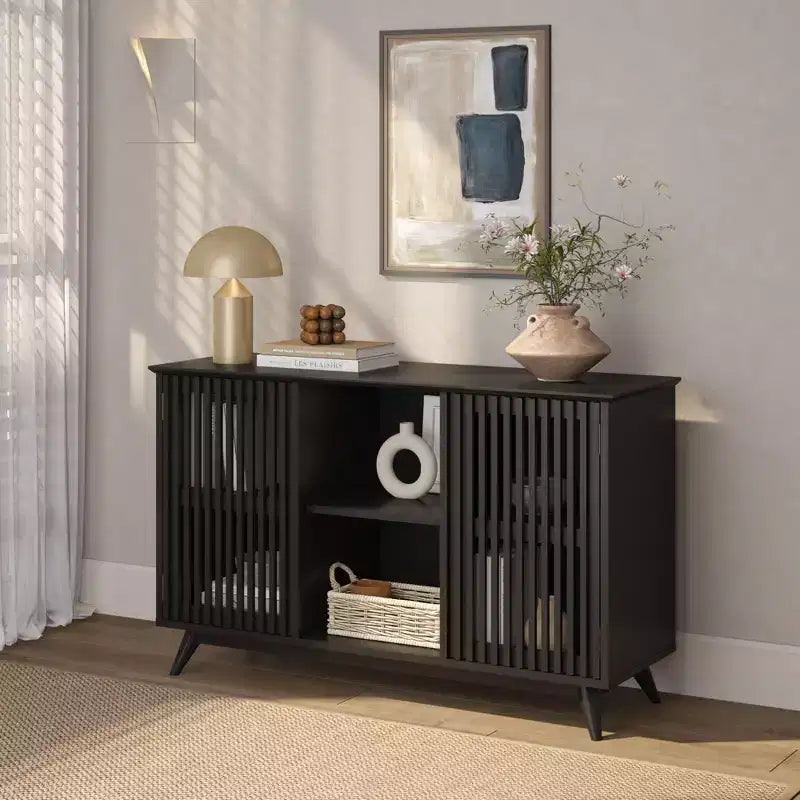 Buffet pin massif style Mid-Century avec 2 portes à ouverture par pression, meuble TV 49"