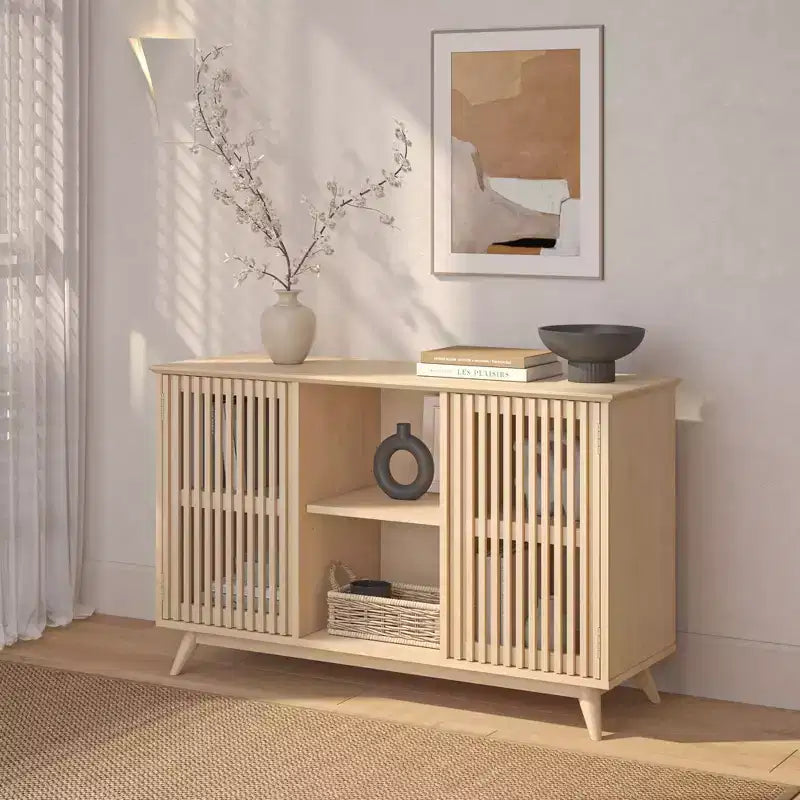 Buffet pin massif style Mid-Century avec 2 portes à ouverture par pression, meuble TV 49"