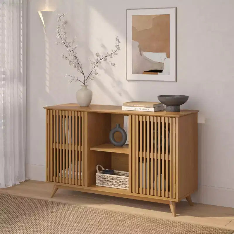 Buffet pin massif style Mid-Century avec 2 portes à ouverture par pression, meuble TV 49"