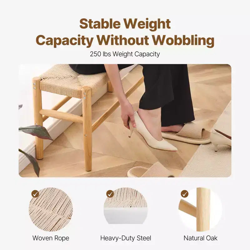 Banc en rotin tressé à la main de 80 cm avec pieds en bois de chêne, banc bohème pour entrée ou chambre à coucher