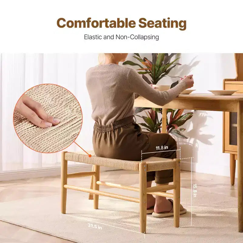 Banc en rotin tressé à la main de 80 cm avec pieds en bois de chêne, banc bohème pour entrée ou chambre à coucher