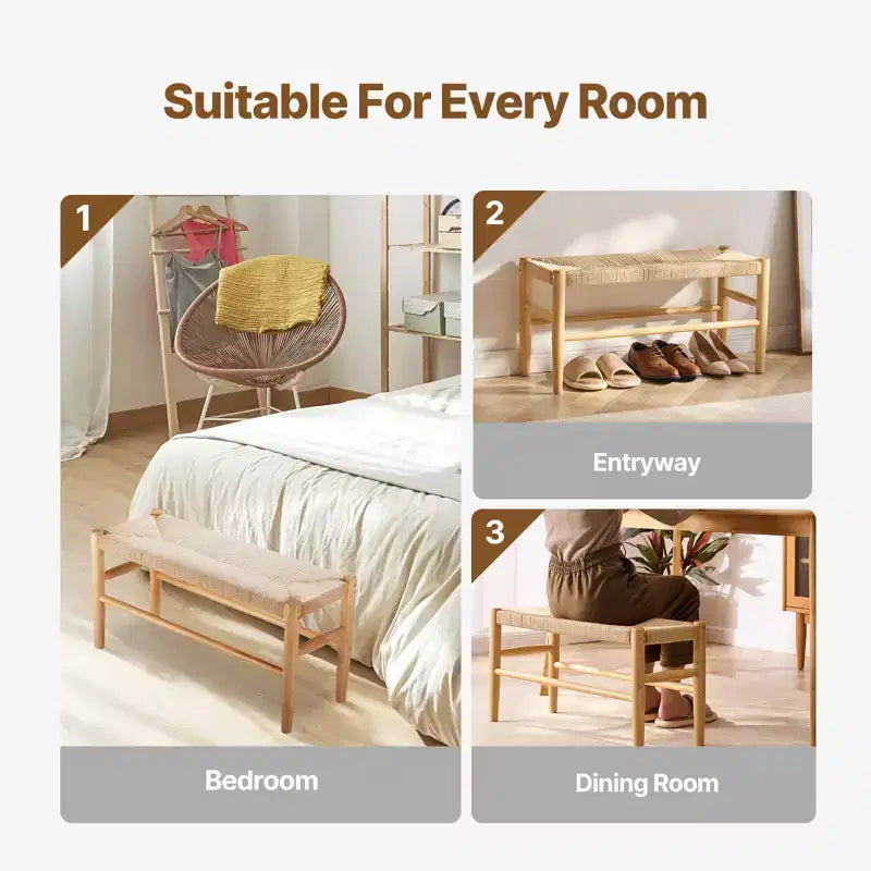 Banc en rotin tressé à la main de 80 cm avec pieds en bois de chêne, banc bohème pour entrée ou chambre à coucher