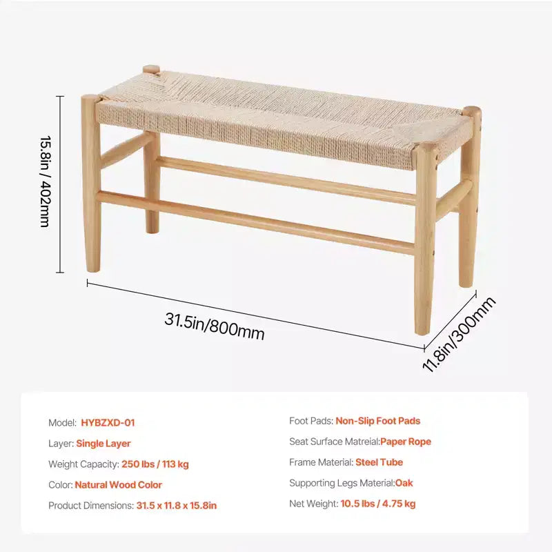 Banc en rotin tressé à la main de 80 cm avec pieds en bois de chêne, banc bohème pour entrée ou chambre à coucher