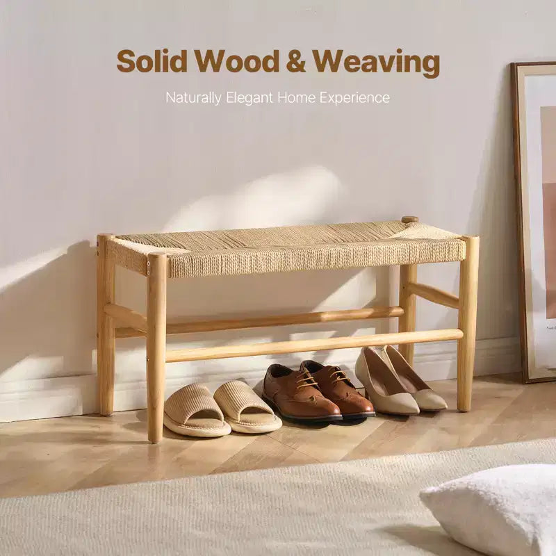 Banc en rotin tressé à la main de 80 cm avec pieds en bois de chêne, banc bohème pour entrée ou chambre à coucher