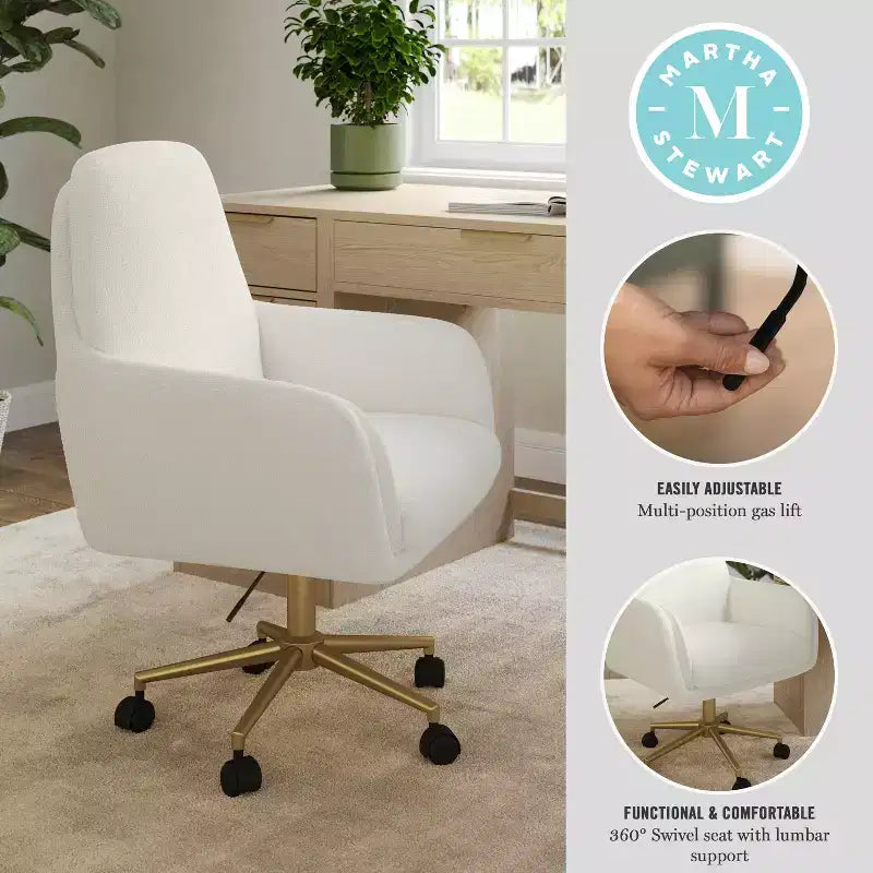 Chaise de bureau pivotante en tissu bouclé, avec réglage de la hauteur et cadre finition laiton