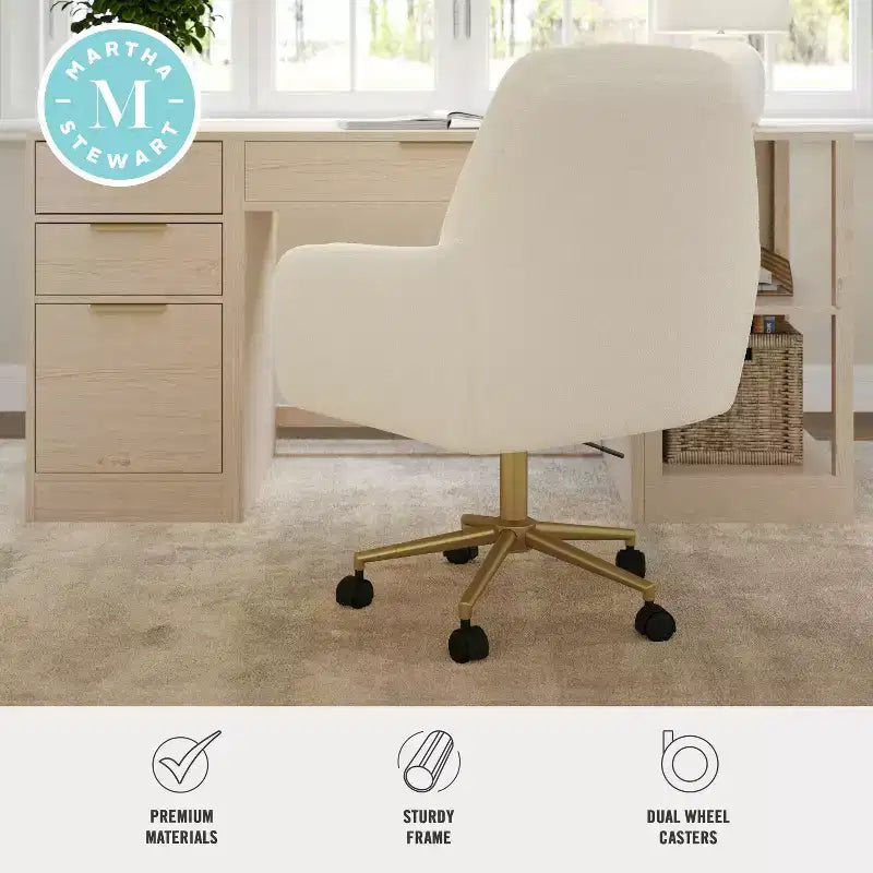 Chaise de bureau pivotante en tissu bouclé, avec réglage de la hauteur et cadre finition laiton
