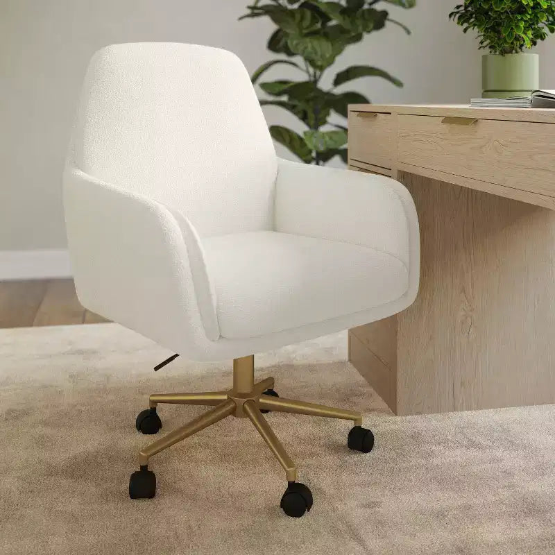 Chaise de bureau pivotante en tissu bouclé, avec réglage de la hauteur et cadre finition laiton