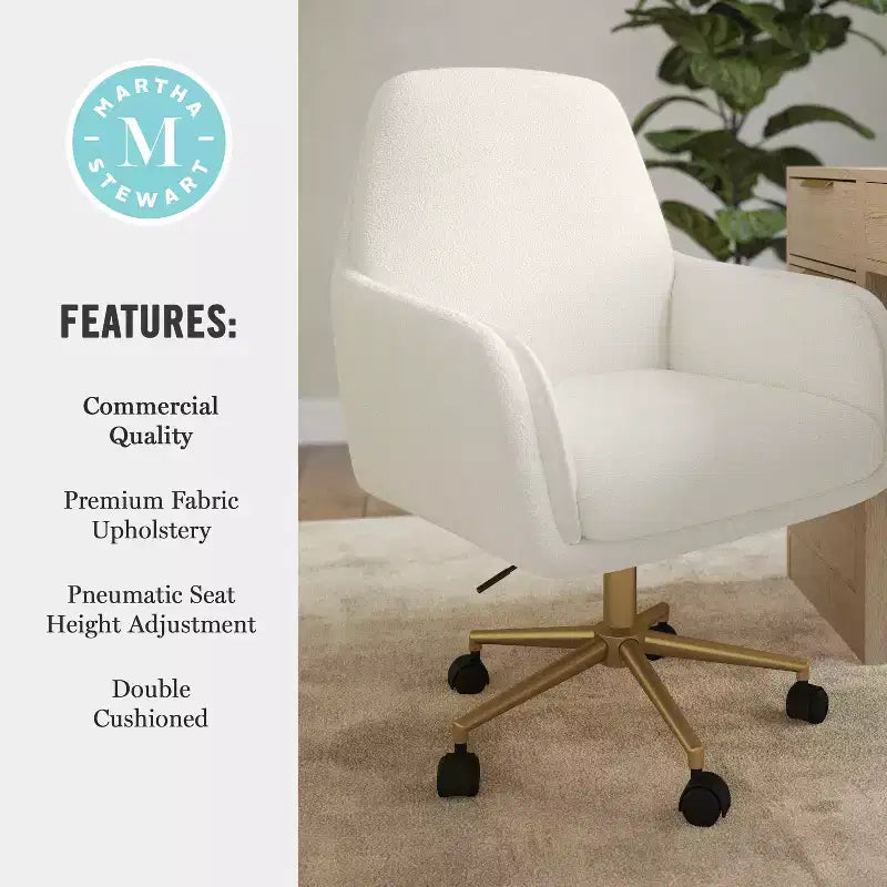 Chaise de bureau pivotante en tissu bouclé, avec réglage de la hauteur et cadre finition laiton