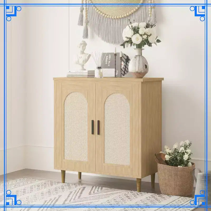 Bahut en rotin avec rangement, Table console d'appoint 30.51, Étagères réglables, Buffet compact pour entrée, salle à manger et cuisine.