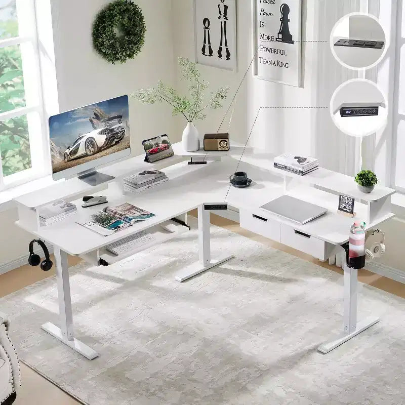 Bureau de jeu d'angle en L de 60 pouces avec 2 tiroirs, bureau debout électrique avec prises de courant et éclairage LED