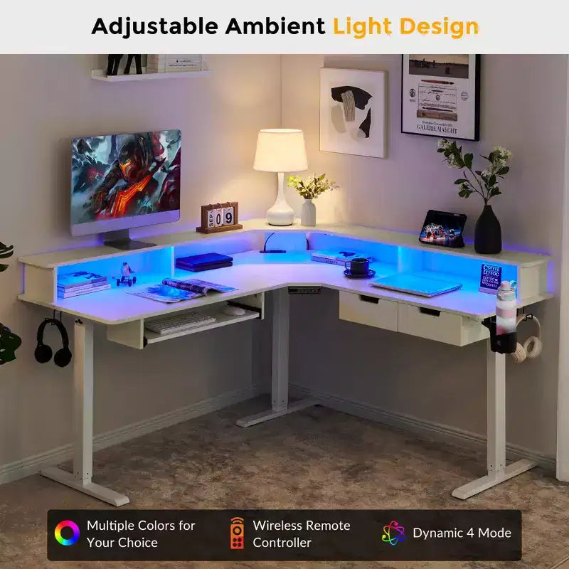 60 L-Shaped Corner Gaming Desk with 2 Drawers, Electric Standing Desk with Power Outlets & LED Lighting