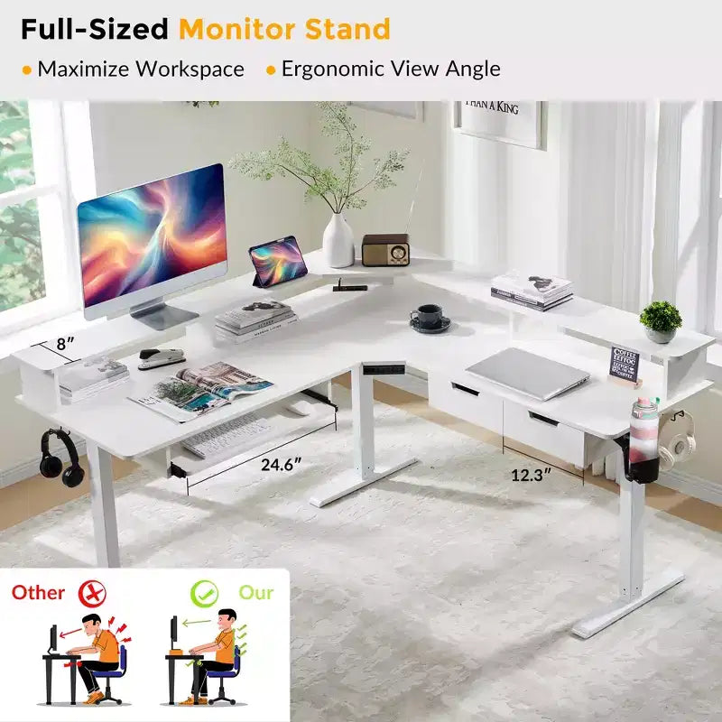 Bureau de jeu d'angle en L de 60 pouces avec 2 tiroirs, bureau debout électrique avec prises de courant et éclairage LED
