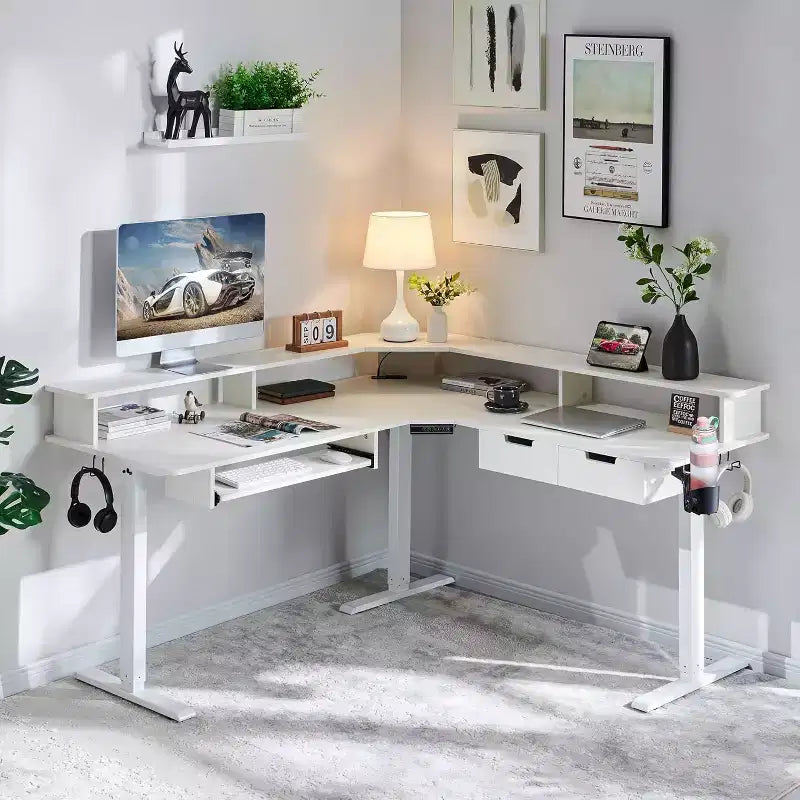60 L-Shaped Corner Gaming Desk with 2 Drawers, Electric Standing Desk with Power Outlets & LED Lighting