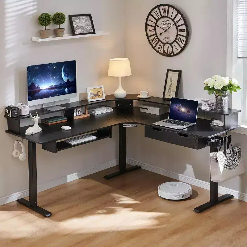 60 L-Shaped Corner Gaming Desk with 2 Drawers, Electric Standing Desk with Power Outlets & LED Lighting