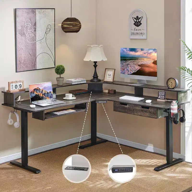 60 L-Shaped Corner Gaming Desk with 2 Drawers, Electric Standing Desk with Power Outlets & LED Lighting