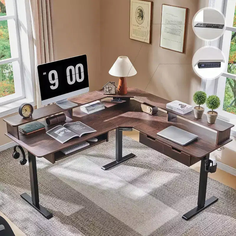 60 L-Shaped Corner Gaming Desk with 2 Drawers, Electric Standing Desk with Power Outlets & LED Lighting