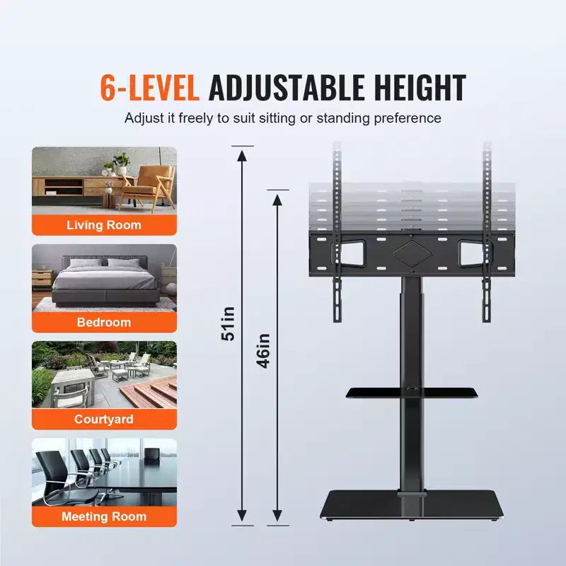 Meuble TV haut pivotant pour téléviseurs de 32 à 65 pouces, support de sol portable réglable en hauteur avec base en verre trempé