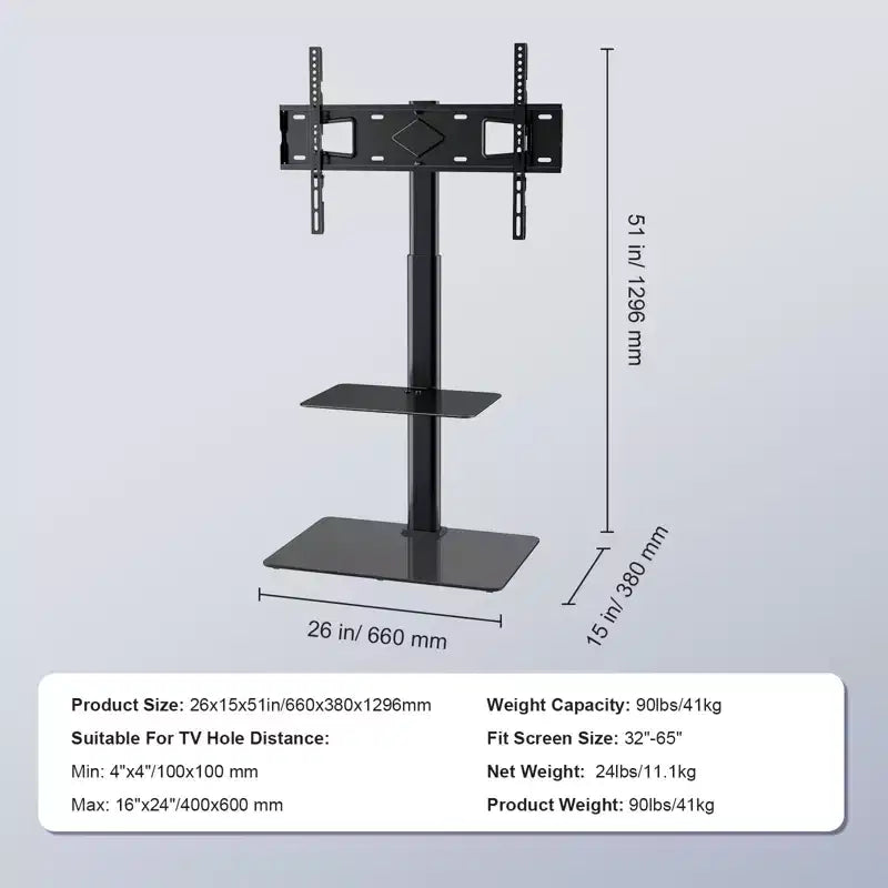 Meuble TV haut pivotant pour téléviseurs de 32 à 65 pouces, support de sol portable réglable en hauteur avec base en verre trempé