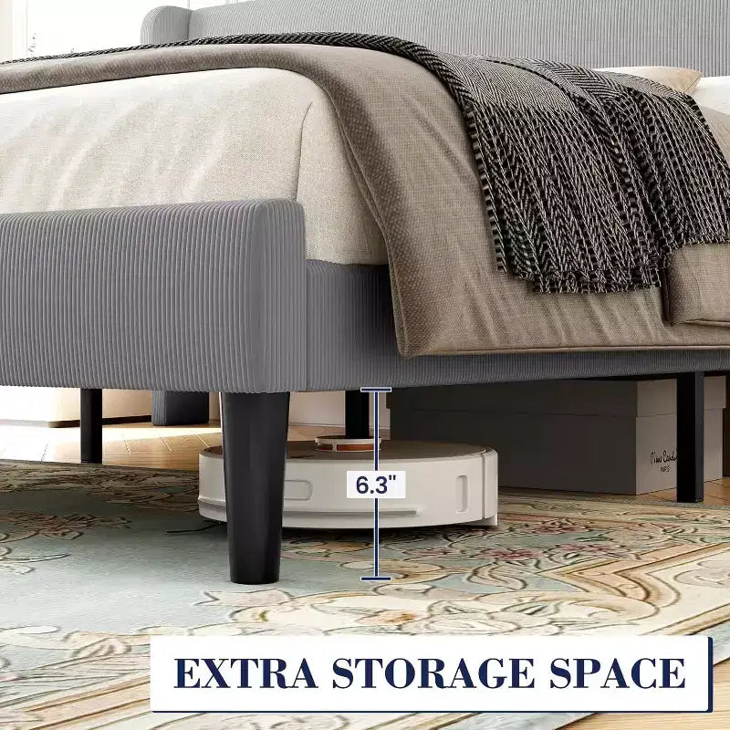 Cadre de lit avec tête de lit capitonnée, design plateforme en bois avec 2 poches de rangement, dossier ailé capitonné à canal vertical, lattes en bois solides.