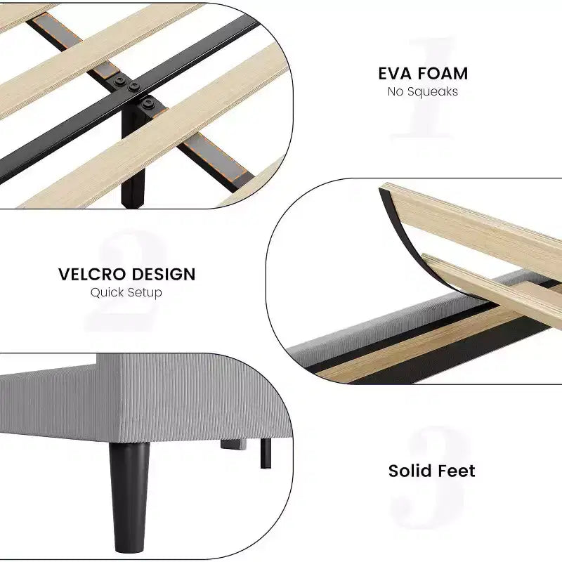 Cadre de lit avec tête de lit capitonnée, design plateforme en bois avec 2 poches de rangement, dossier ailé capitonné à canal vertical, lattes en bois solides.