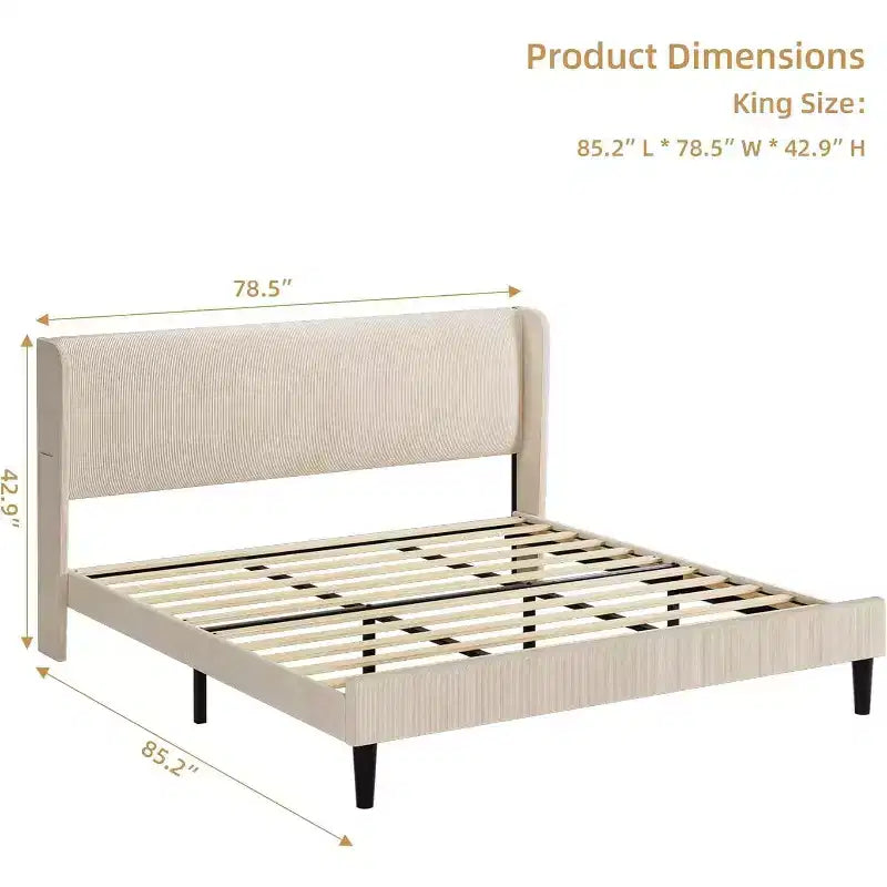 Cadre de lit avec tête de lit capitonnée, design plateforme en bois avec 2 poches de rangement, dossier ailé capitonné à canal vertical, lattes en bois solides.