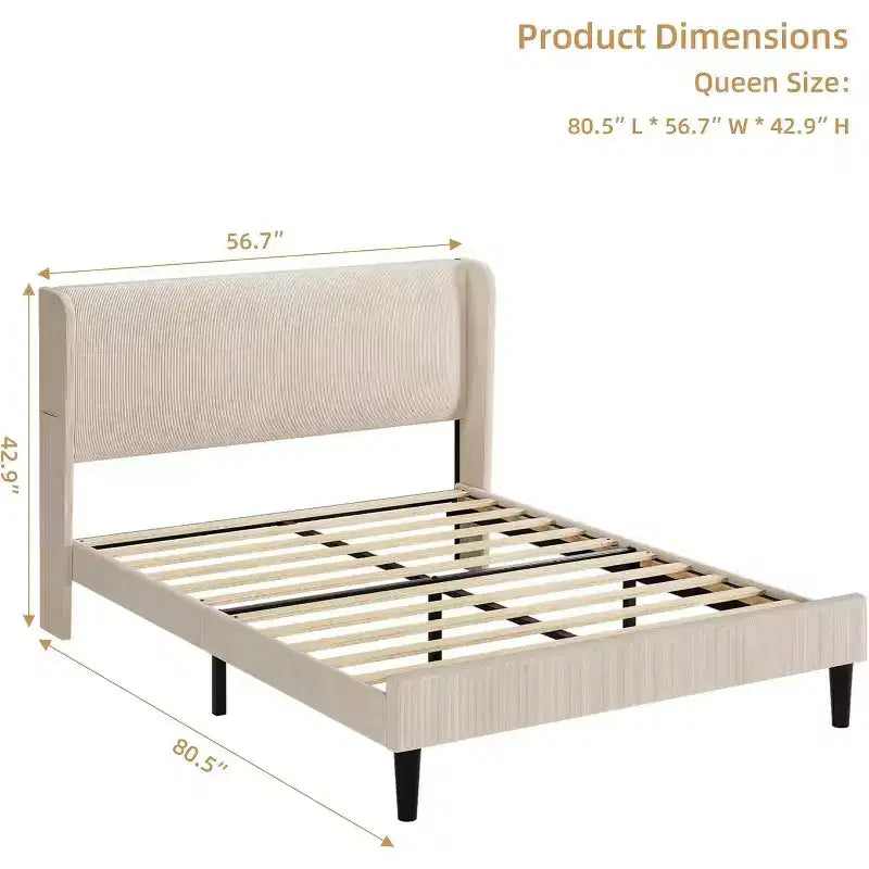 Cadre de lit avec tête de lit capitonnée, design plateforme en bois avec 2 poches de rangement, dossier ailé capitonné à canal vertical, lattes en bois solides.