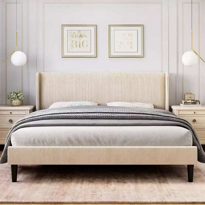 Cadre de lit avec tête de lit capitonnée, design plateforme en bois avec 2 poches de rangement, dossier ailé capitonné à canal vertical, lattes en bois solides.