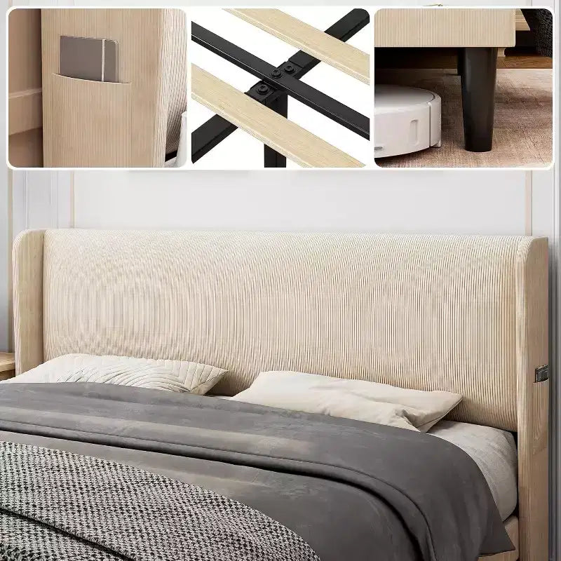 Cadre de lit avec tête de lit capitonnée, design plateforme en bois avec 2 poches de rangement, dossier ailé capitonné à canal vertical, lattes en bois solides.