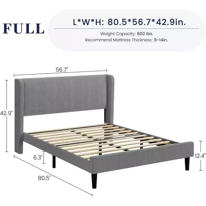 Cadre de lit avec tête de lit capitonnée, design plateforme en bois avec 2 poches de rangement, dossier ailé capitonné à canal vertical, lattes en bois solides.