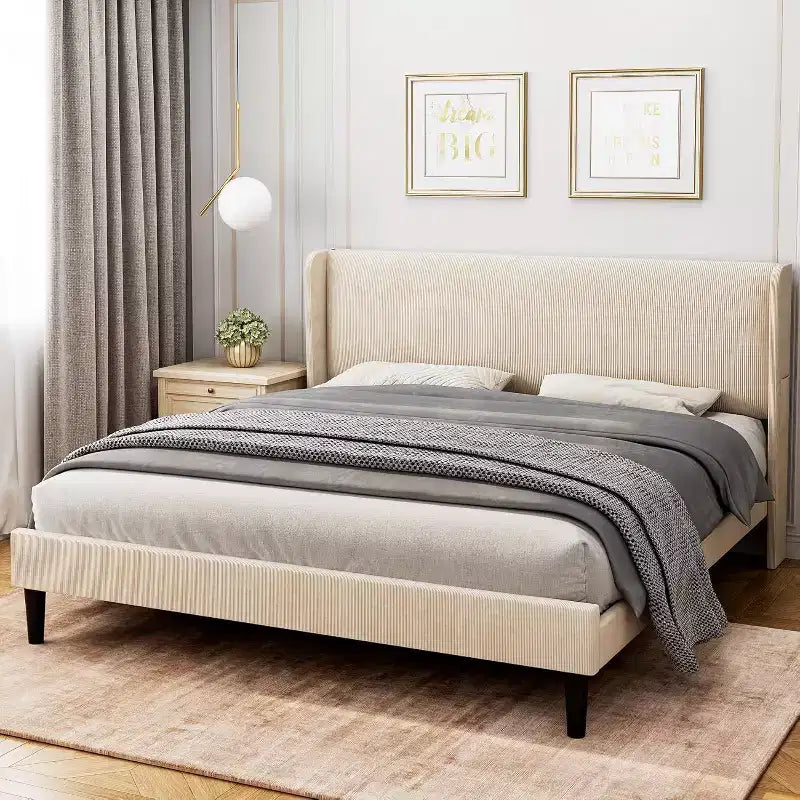 Bed Frame with Upholstered Headboard, Wooden Platform Design with 2 Storage Pockets, Vertical Channel Tufted Wingback, Strong Wooden Slats.