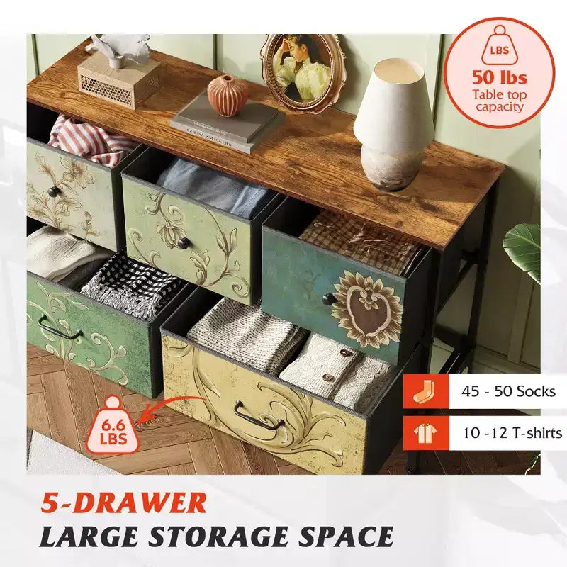 Commode de rangement large en tissu à 5 tiroirs, avec bacs en tissu