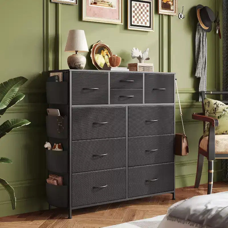 Commode en tissu à 10 tiroirs, unité d'organisation robuste à cadre métallique avec poches latérales et crochets pour chambre à coucher, salon, couloir, noire