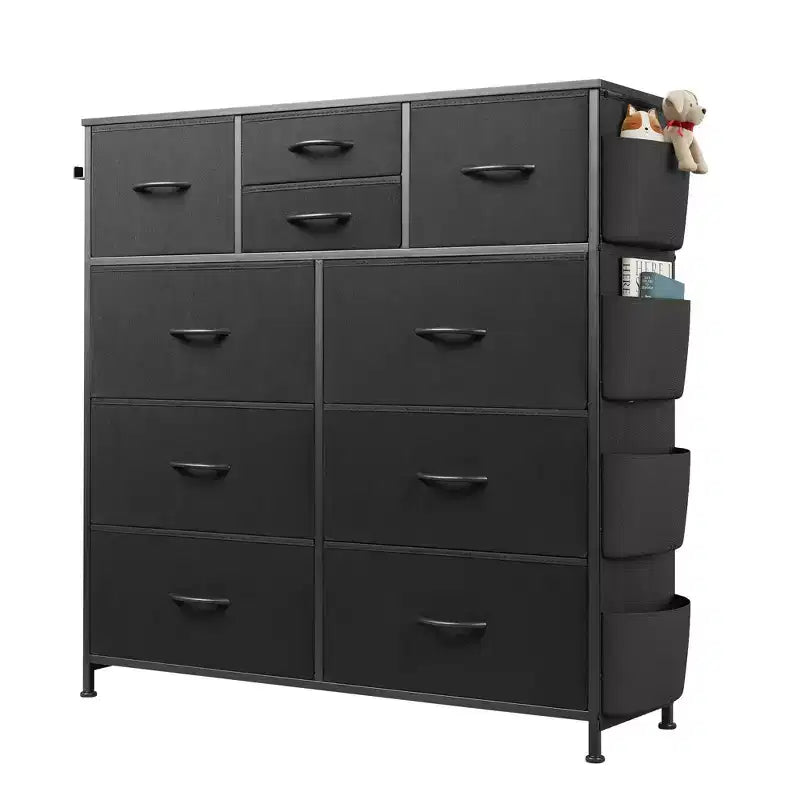 10-Drawer Fabric Dresser, Sturdy Metal Frame Organizer Unit with Side Pockets and Hooks for Bedroom, Living Room, Hallway, Black