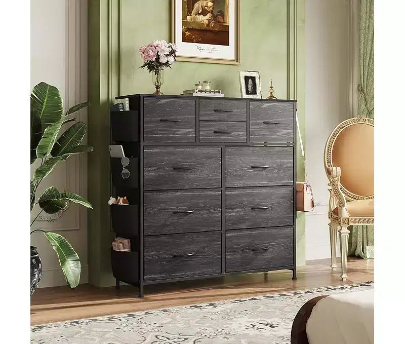 Commode en tissu à 10 tiroirs, unité d'organisation robuste à cadre métallique avec poches latérales et crochets pour chambre à coucher, salon, couloir, noire