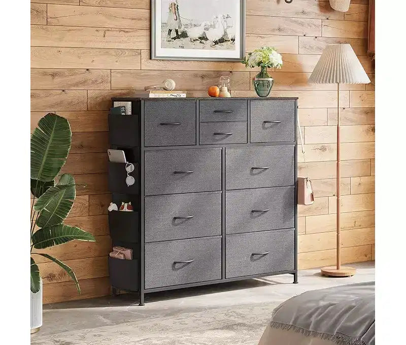 Commode en tissu à 10 tiroirs, unité d'organisation robuste à cadre métallique avec poches latérales et crochets pour chambre à coucher, salon, couloir, noire