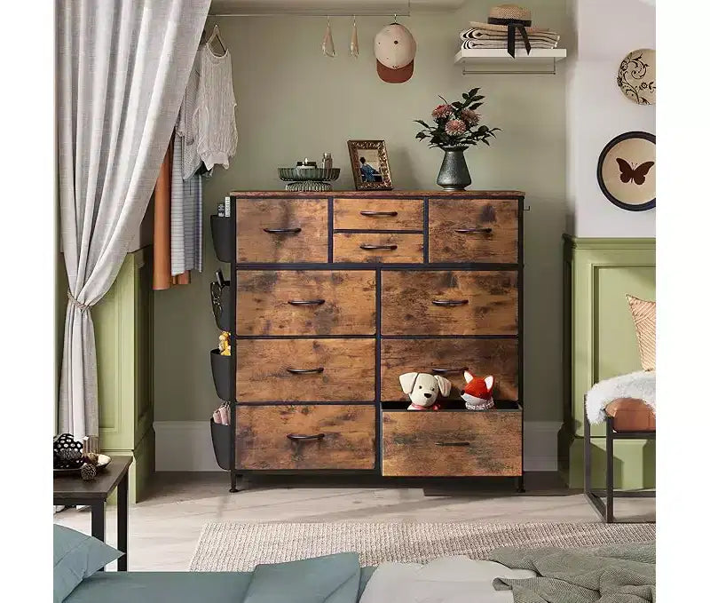 Commode en tissu à 10 tiroirs, unité d'organisation robuste à cadre métallique avec poches latérales et crochets pour chambre à coucher, salon, couloir, noire