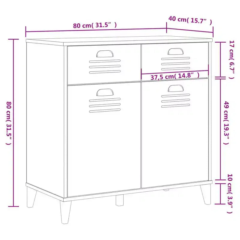 Buffet de rangement, meuble d'appoint en pin massif avec 2 tiroirs