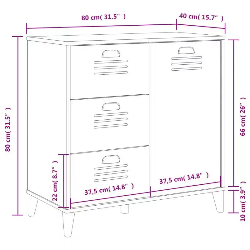 Buffet de rangement, meuble d'appoint en pin massif avec 2 tiroirs