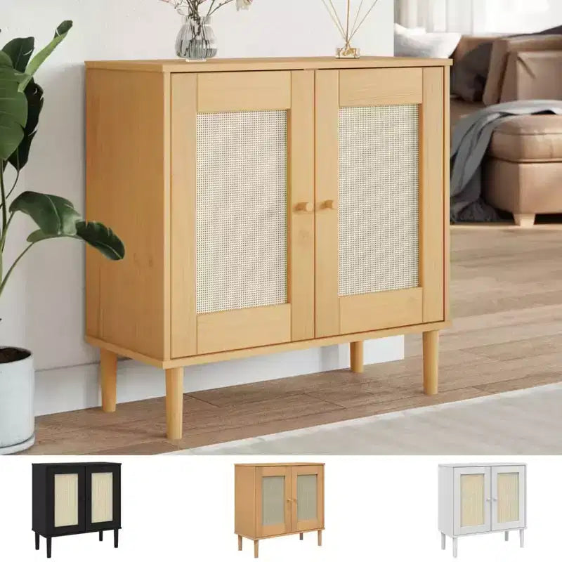 Bahut avec Buffet de Rangement et Aspect Rotin, en Bois Massif de Pin