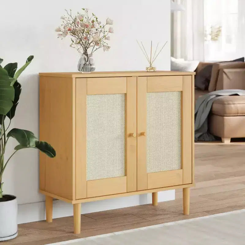 Bahut avec Buffet de Rangement et Aspect Rotin, en Bois Massif de Pin