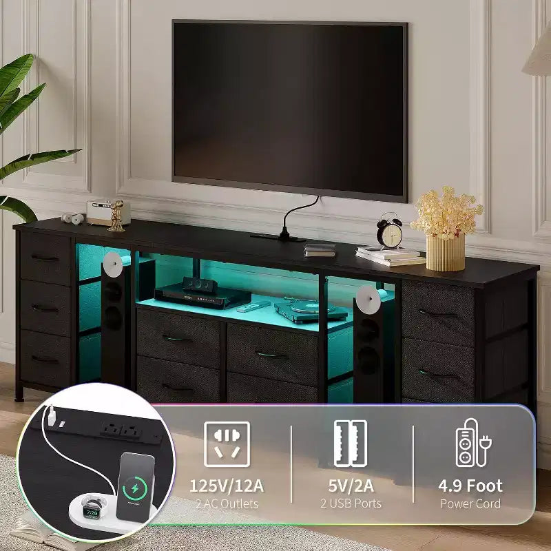 Meuble TV 10 tiroirs avec tiroirs en tissu pour téléviseurs jusqu'à 85 pouces, étagères de rangement ouvertes