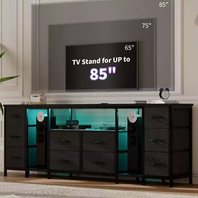 Meuble TV 10 tiroirs avec tiroirs en tissu pour téléviseurs jusqu'à 85 pouces, étagères de rangement ouvertes
