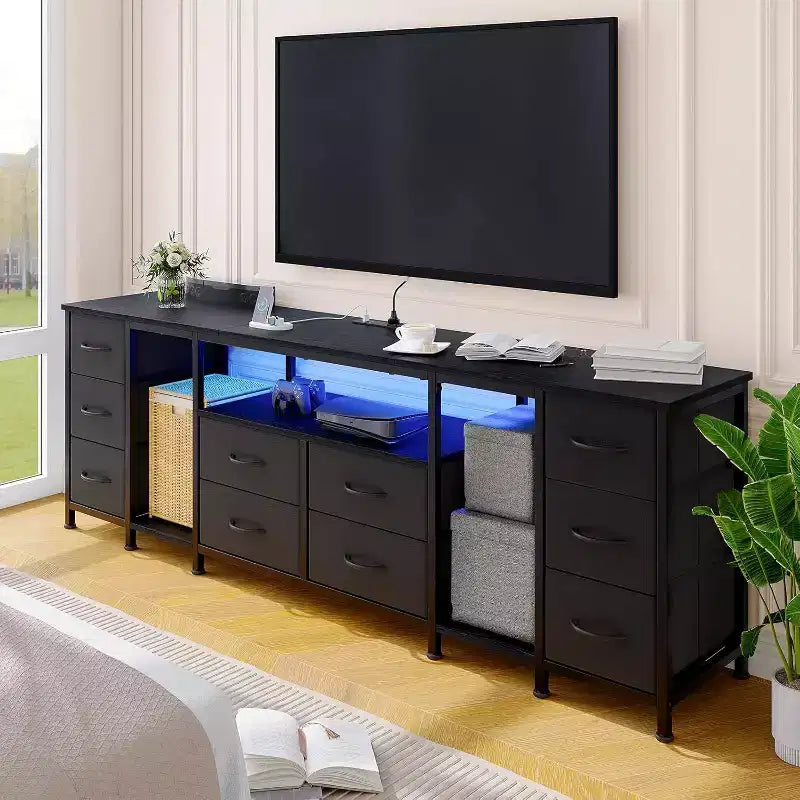Meuble TV 10 tiroirs avec tiroirs en tissu pour téléviseurs jusqu'à 85 pouces, étagères de rangement ouvertes