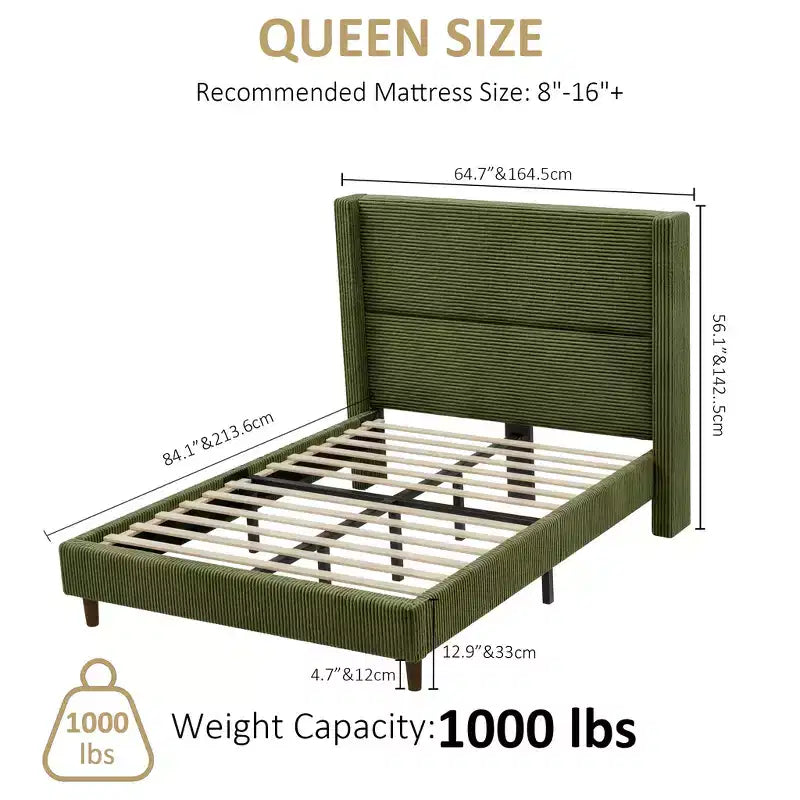 Cadre de lit plateforme capitonné Queen avec tête de lit à oreilles haute de 51,2 po, lin beige
