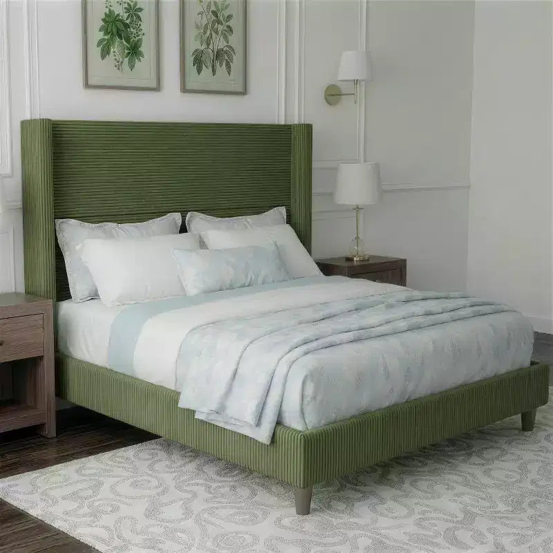 Cadre de lit plateforme capitonné Queen avec tête de lit à oreilles haute de 51,2 po, lin beige