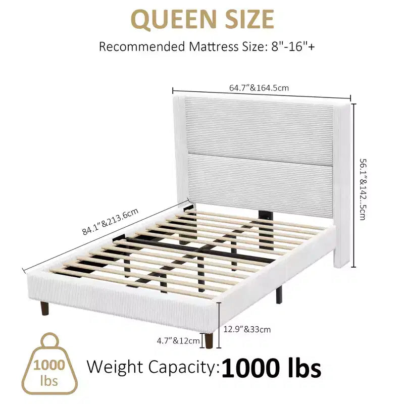 Cadre de lit plateforme capitonné Queen avec tête de lit à oreilles haute de 51,2 po, lin beige