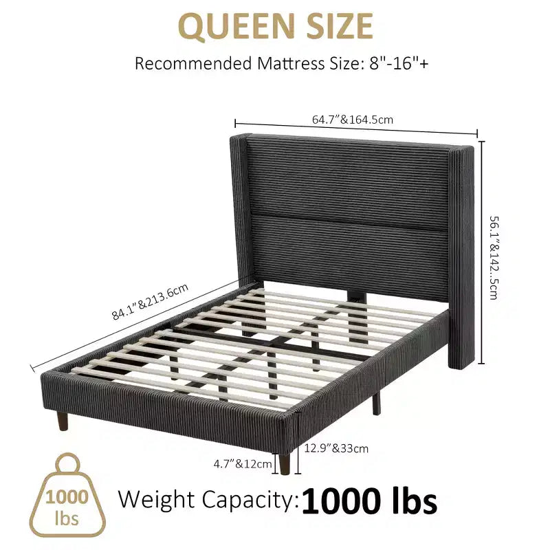 Cadre de lit plateforme capitonné Queen avec tête de lit à oreilles haute de 51,2 po, lin beige