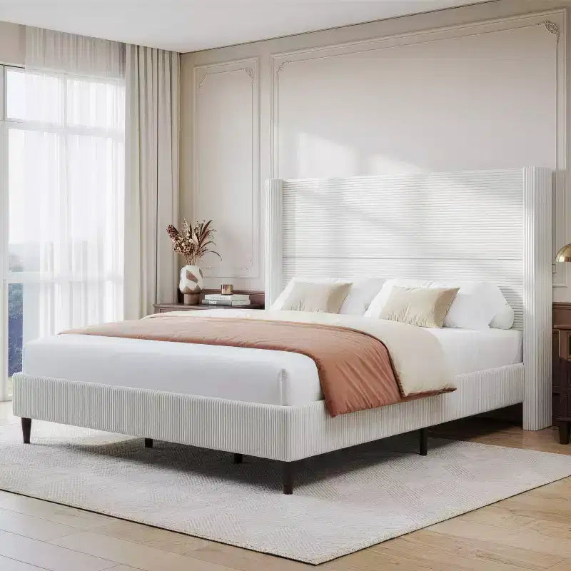 Cadre de lit plateforme capitonné Queen avec tête de lit à oreilles haute de 51,2 po, lin beige
