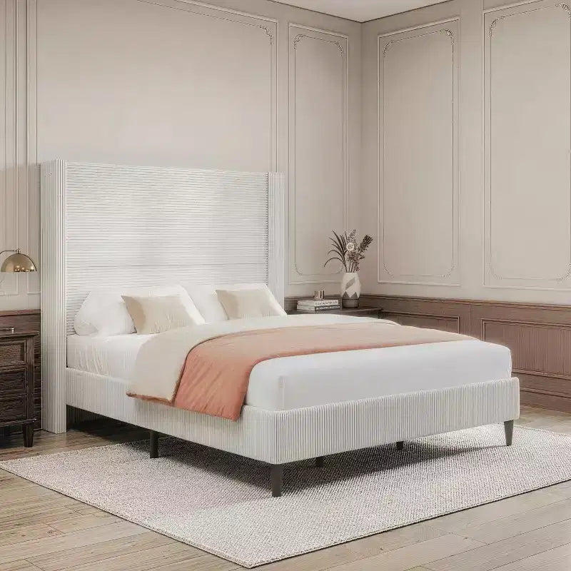 Cadre de lit plateforme capitonné Queen avec tête de lit à oreilles haute de 51,2 po, lin beige